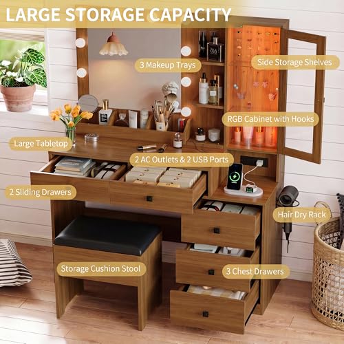 Image of Vanity Desk with Mirror and Lights, Makeup Vanity Table Set with 5 Storage Drawers, Power Outlet & Chair, Small Dressing Table with RGB Ambient Light, Adjustable Brightness for Girls Bedroom, Walnut