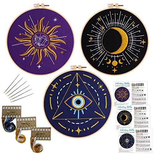 Image of Louise Maelys 3 Set Tarot Embroidery Kits for Beginners with Sun Moon Evil Eye Pattern,Adults Starter Cross Stitch Kit DIY Needlepoint