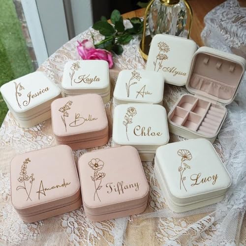 Corissy Personalized Jewelry Box for Women, Custom Travel Jewelry Case with Name and Birth Flower, Leather Jewelry Box for Rings, Earrings, Necklaces, Personalized Gifts for Women — view 3