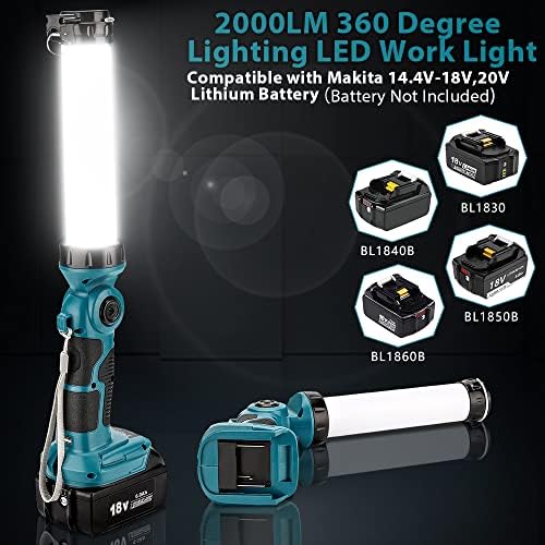 Hipoke 18V 2000LM Cordless LED Work Lamp Portable Torch Compatible with Makita 14.4V,18V,20V Lithium Battery Outdoor Lantern with USB Port for Car Repair Camping Attic Emergency Lighting(No battery)