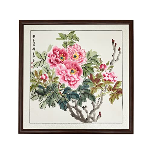 Coozment 100% Handmade Paintings, Room Decor, Asian Decor, Artwork Paintings, Large Wall Art, Japanese Wall Art Decor, Paintings For Wall Decorations, Chinese Painting Wall Art For Living Room Wall Decorations, Wall Art Bedroom (34"X34"X1.4") (Pink Color Chinese Peony) #TOP9
