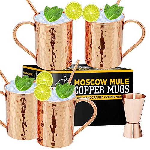 Moscow Mule Copper Mugs - Set of 4-100% Handcrafted - Food Safe Pure Solid Copper Mugs - 16 oz Gift Set with Bonus: Highest Quality Cocktail Copper Straws and Jigger