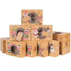 Moretoes 12pcs Christmas Cookie Boxes for Gift Giving 8.25x6x2.75 Bakery Boxes with Window, Xmas Treat Boxes with Ribbons and Gift Tags for Cupcakes, Donuts, Candy