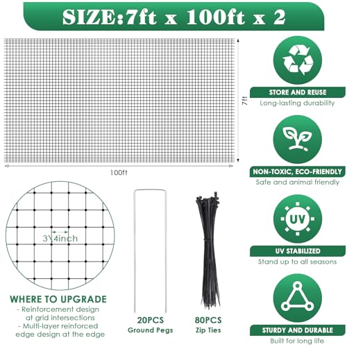 Wesnoy 2 Roll Deer Fence Netting, 7 x 100 ft Heavy Duty Garden Netting Reusable Fence Barrier Anti Birds for Protect Fruit Trees, Plants and Vegetables Against Birds, Deer, Squirrels and Other Animals