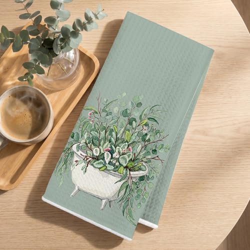Image of 3 Pcs Eucalyptus Hand Towels 24x14 Inch, Botanical Reusable Dish Towels | Waffle Weave Hand Cloth Tea Towel for Kitchen Farmhouse Decor, Green Leaves Gifts for Women Friend