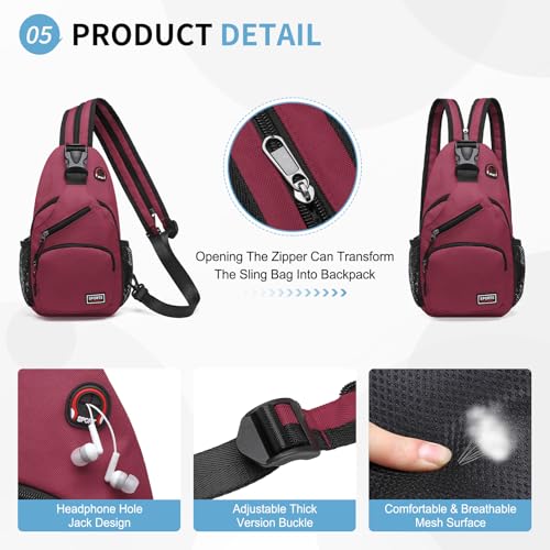 Image of Convertible Sling Bags for Women Men, Lightweight Crossbody Backpack Daypack Fit for 7.9 inch Tablet for Casual Travel Sport Hiking (Wine Red)