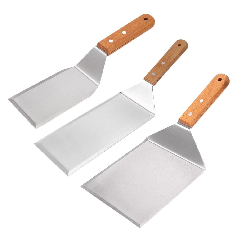 Lot de 3 spatules professionnelles en acier inoxydable avec manche en bois pour barbecue