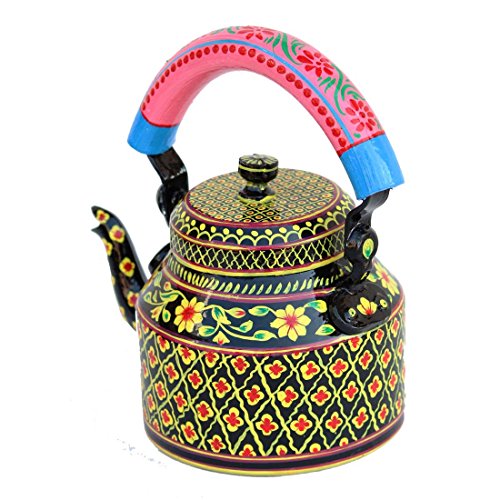 Image of iHandikart Handpainted Designer Aluminium Tea Kettle, 1 Litre - Vibrant Indian Art Tableware, Decorative & Functional 8x5.5x8 Inch (5068)