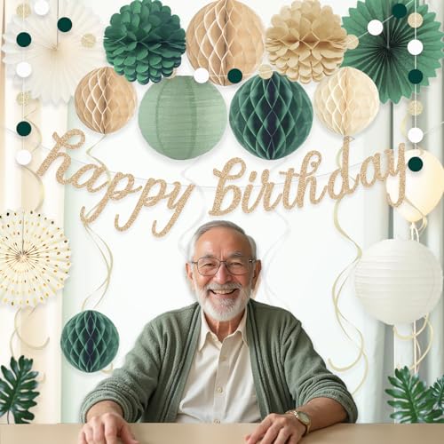 Image of Sage Green Happy Birthday Decorations for Women, Pre-Strung Happy Birthday Banner with Honeycomb Balls, Paper Flowers, Lanterns, Hanging Swirls, Circle Dots Garland for Birthday Party Decor 24pcs