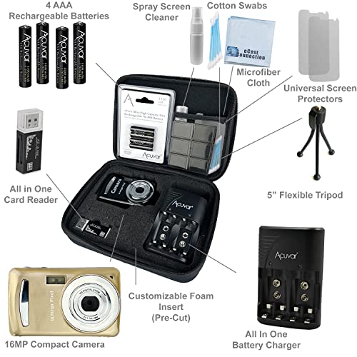 Acuvar 16 Megapixel Entry Camera Vlogging Kit With Flexible Tripod, Sd Card Reader, 4 Aaa Batteries & Charger, 6 Slot Sd Card Holder, Lens Cleaning Kit And Hard Shell Case (Gold) #TOP1