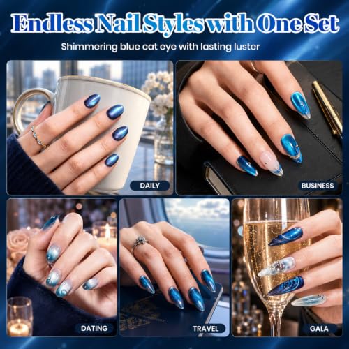 Image of Beetles Blue Cat Eye Gel Nail Polish Set - Blue Hour 6 Colors 15ML Full Size Glitter Gel Polish Kit Glass Cat Eye Magnetic Effect Soak Off UV Nail Art DIY Salon at Home Gift for Women