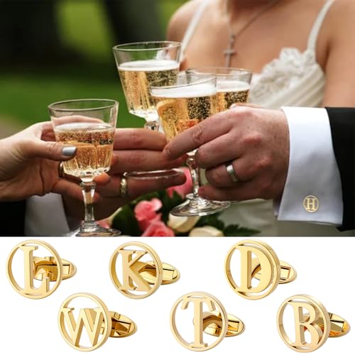 GWD Cufflinks for Men Classic Tuxedo Shirt Wedding Cuff Links Personalized Initials A-Z Gift (Gold-W)