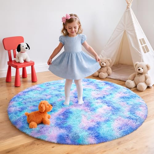Rainbow Round Rug for Bedroom, 4Ft Fluffy Circle Area Rugs for Living Room, Shag Fuzzy Carpet for Kids Room, Nursery, Dorm, Classroom, Teen, Cute Baby Play Mat Home Decor Aesthetic, Blue