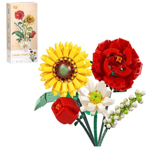 Flower Bouquet Building Kit, Flower Building Blocks, Artificial Flowers Building Toys Creative Project for Adults Botanical Collection Compatible with Lego 568 Pcs(Sunflower/Rose/Lily/Daisy)