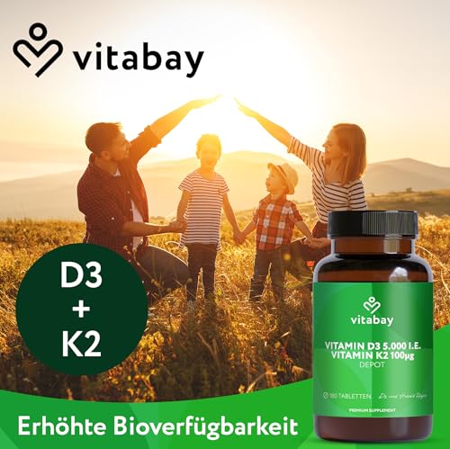 Vitabay Vitamin D3 + K2 Depot – 180 vegane Tabletten – hochdosiert – 5000 IE Premium Vitamin D3 mit K2-MK7 All-Trans – ohne Zusätze – vegan & laborgeprüft in Deutschland – Vorrat für über 18 Monate