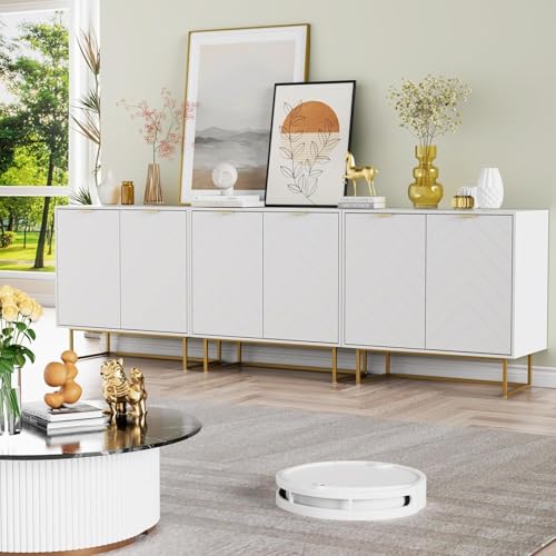 UEV Lot de 3 Buffet Bas Scandinave, Armoire de Rangement avec 2 Portes, avec Étagère Réglable à 3 Positions, Manche et Pieds en Métal Couleur Doré, pour...