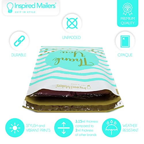 Image of Inspired Mailers - Poly Mailers 10x13 - 20 Pack - Thank You Poly Mailers Confetti and Stripes (Aqua /Gold) - Mailing Bags - 10x13 Mailers Poly Bags - Packing Envelopes