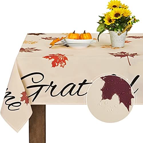 Thanksgiving Tablecloth, Autumn Maple Leaf Table Cloth, Fall Leaves Tablecloths, Waterproof Tablecover Square for Dinner Party Banquet Decoration, Khaki, 55 x 55 inch