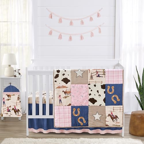 Image of Sweet Jojo Designs Western Cowgirl Girl Baby Crib Bedding Set Infant Nursery Room Blanket Fitted Sheet Skirt Diaper Stacker 4p Wild West Cow Print Vintage Bandana Patchwork Animal Southwest Blue Pink