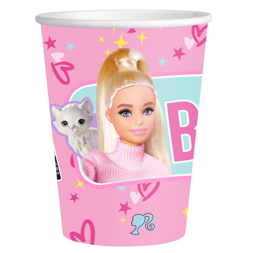 Set Festa Barbie 37 Pezzi Piatti di Carta, Bicchieri di Carta, Tovaglioli, Tovaglia + 8 Cannucce di Carta per Compleanno Bambini