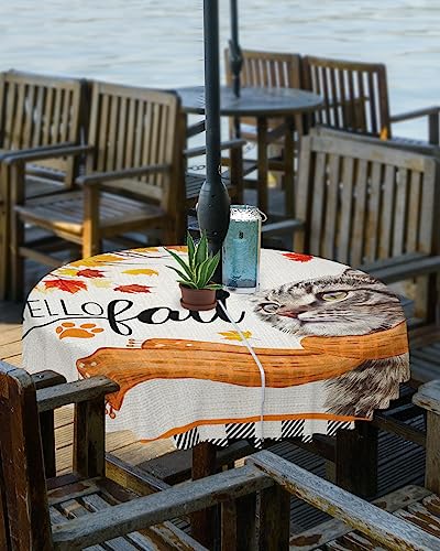 Thanksgiving Outdoor Tablecloths with Umbrella Hole and Zipper, Hello Fall Cat Maple Leaf Black and White Checkered Waterproof/Stain Resistant Round Table Cloth 60'' Patio Table Cover for Picnic/Party
