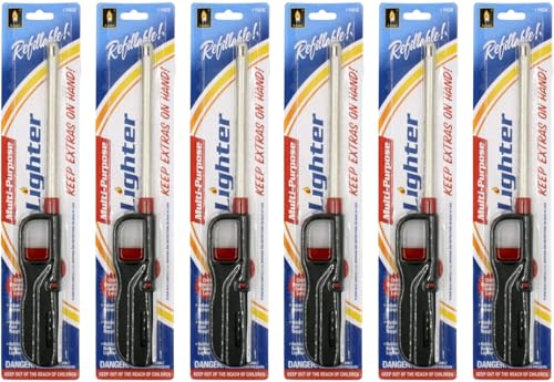 6 Pack - Vezee Fuel Included Handi BBQ Grill Click Flame Long Stem Lighter - Refillable Butane Gas Candle Fireplace Kitchen Stove Wind Resistant, Red