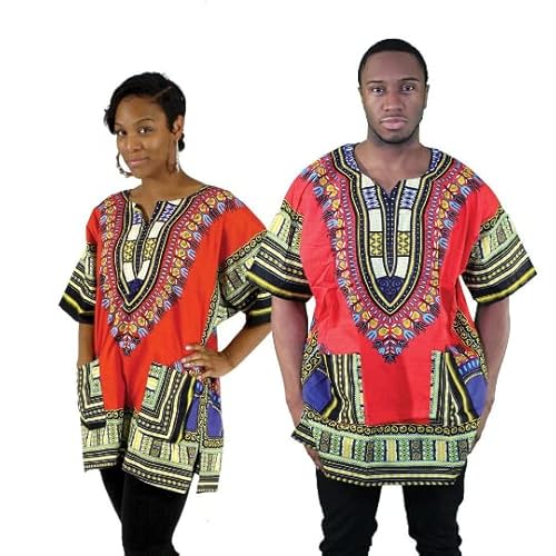 Blusa de Dashiki con estampado africano, unisex, color rojo, tamaño mediano a 3XL, para festivales tribales y todas las ocasiones Rojo rosso 46 Cover