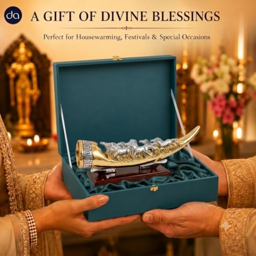 Image of 999 Silver & 24K Gold Plated 7 Running Horse Horn Showpiece - 12 inch | Premium Vastu Decorative Statue for Home Decor, Living Room & Office Desk, Luxury Gifting