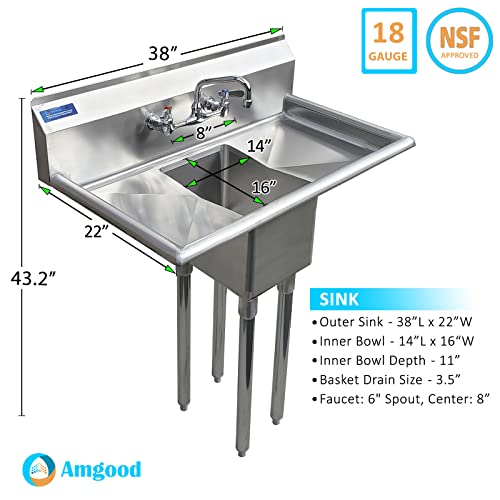 Image of AmGood Stainless Steel Prep & Utility Sink | 304 Stainless Steel | Restaurant, Kitchen, Laundry, Garage | NSF (Bowl Size: 14 inchx16 inchx11 inch + Faucet + 2 Drainboards)