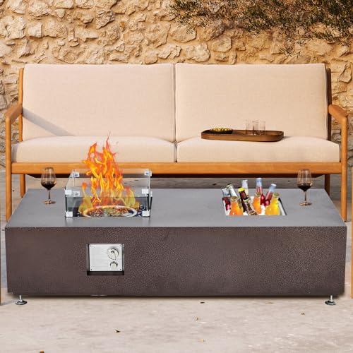 56 Inch Outdoor Propane Fire Pit Table,50000BTU Fire Table with 13" Square Drink Ice Bucket Wind Guard, Fire Glass Beads & CSA Safety Certified Outdoor Firepit for Outside Patio Yard Garden, Bronze