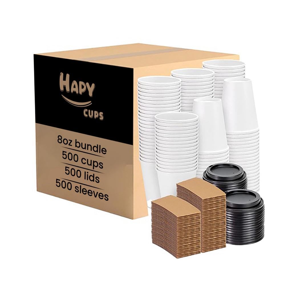 500 Pack 8oz White Paper Coffee Cups with Lids & Sleeves