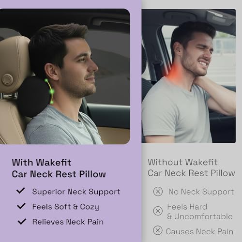 Image of Wakefit Car Neck Rest Pillow | 10X4X4 Inch | Memory Foam Neck Support Cushion for Car Seat | Ergonomic Head & Shoulder Support | Universal Fit | Smooth Washable Cover | 2 Year Warranty - Black