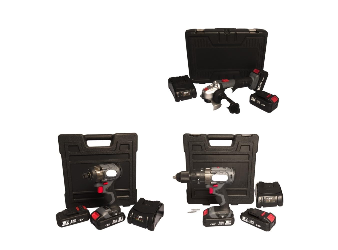 CEP Kit Elettroutensili con Smerigliatrice Angolare a batteria ML-CAG10, Avvitatore ad Impulsi ML-LS22 e Trapano avvitatore ML-CD125
