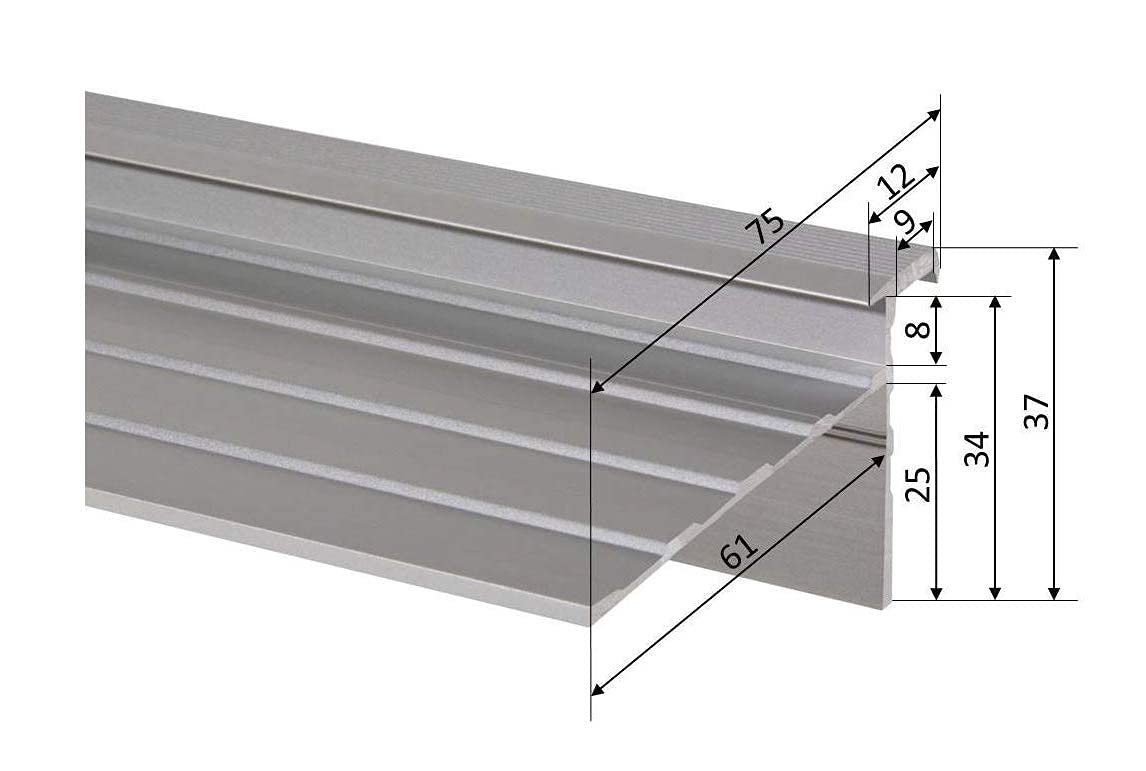 Treppenkantenprofil Profil 1 mit Abschluss-Clip | Aluminium eloxiert (1300 mm, Silber)