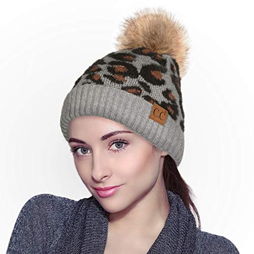Image of C.C Exclusives Soft Beanie hat with Leopard Pattern and Fur Pom(HAT-7001)(SF-7001)