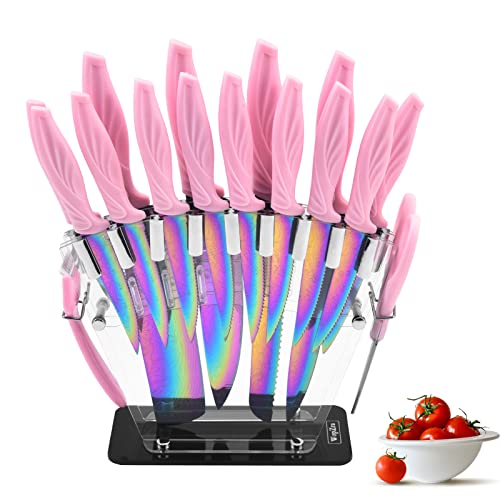 Rainbow Knife Set Damascus Non Stick Sharp Large Blade Chef Kitchen Knives Set With Acrylic Block Cutlery Knives Block Set Chef Quality Best Gift Pretty Pink Color #TOP8