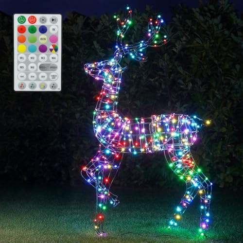 Festive Lights - ColourConnect® 1.45m Reindeer Stag Large Christmas Figure - 344 Multicolour LEDs, Remote Control, Timer, 9 Display Functions, 12 Colours, Mains Plug In, Indoor Outdoor, IP44 Rated
