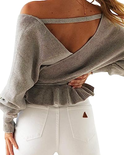 Image of ZESICA Women's Fall 2026 Wrap V Neck Long Batwing Sleeve Belted Waist Ruffle Knitted Sweater Pullover Top