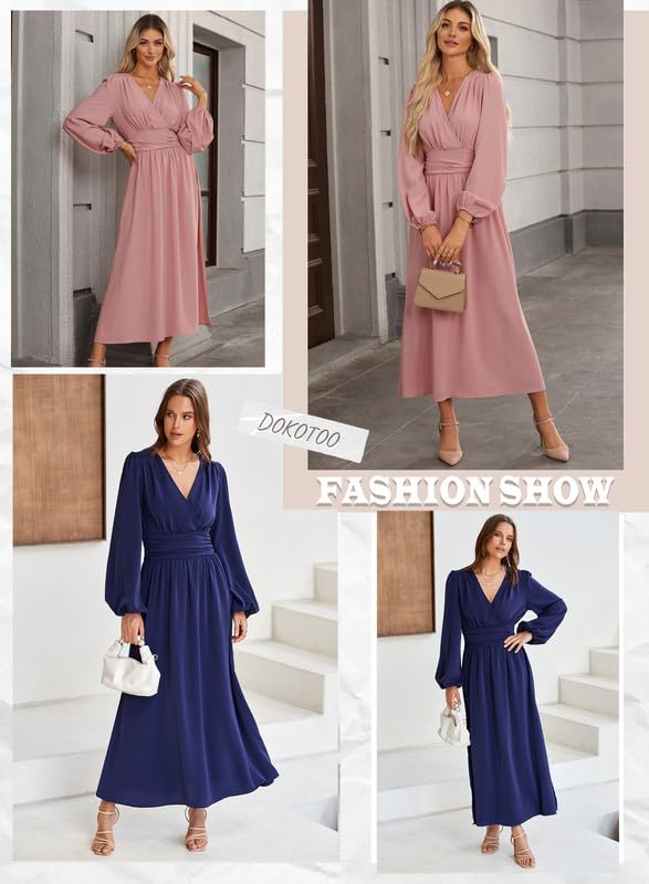 Image of Dokotoo Womens Wrap V-Neck Empire Waist Dress Lantern Sleeve Ruched Side Slit Elegant Maxi Dress