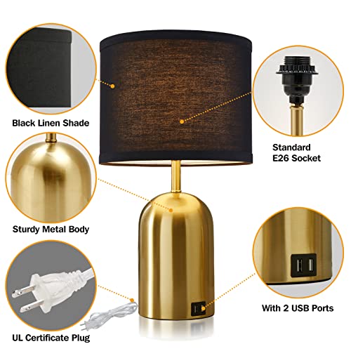 3-Way Dimmable Table Lamp For Living Room,Touch Control Modern Bedside Lamps With 2 Usb Ports Nightstand Lamp With Black Shade And Gold Base For Bedroom Reading Room Hotel Office Led Bulbs Included #TOP4