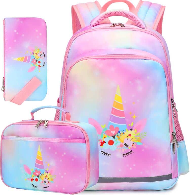 VanwilitGirls School Backpack Unicorn Backpack Water Resistant Lightweight Primary School Bag Set with Lunch Bag & Pencil Case 3 in 1 Kids Bookbag Casual Daypack (Pink Unicorn)