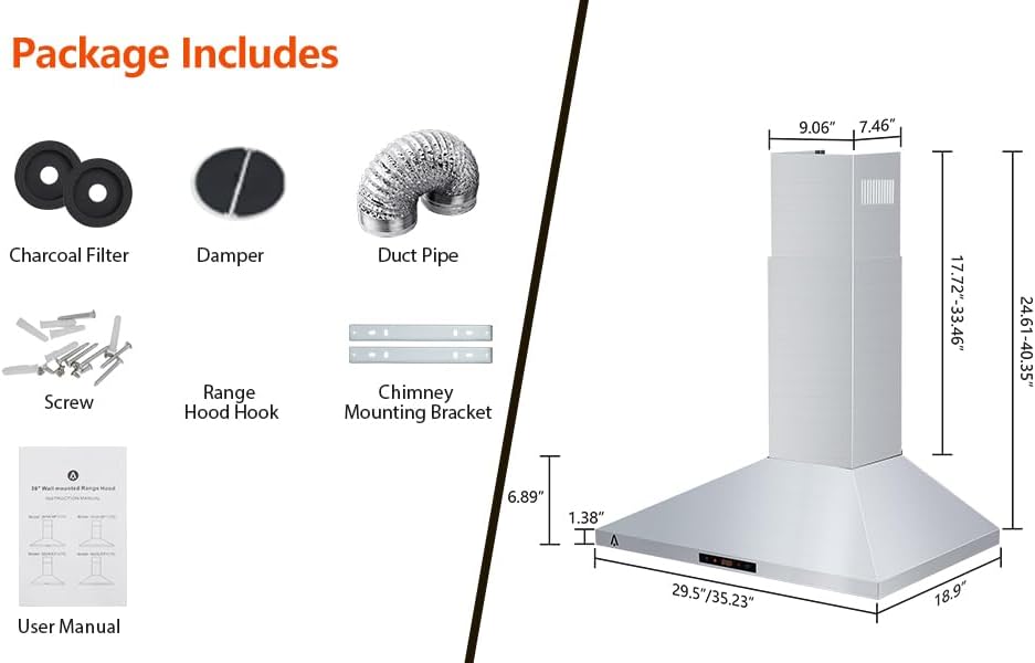 Miniatura 3 de Campana extractora de 30 pulgadas, montaje en pared con 265 CFM, campana extractora de acero inoxidable con control táctil, ventilador de escape de