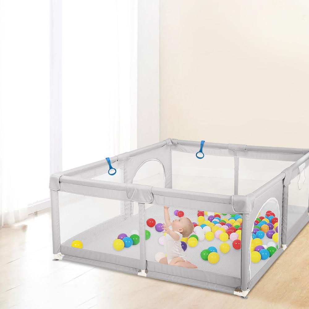 Homewell Parque para bebé, Parque de bebé seguro 150 x 200 cm, zona de juego con 2 accesos laterales con cremallera y alfombras, barrera para bebés de juegos, bolsa de transporte, color gris