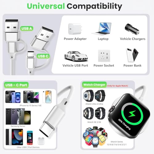 Image of Verilux 4 in 1 Multif Watch Charger Cable, 4.9ft Type C Cable for iPhone Wireless Magnetic Charging Cable for iWatch, USB /C to C /Magnetic Wireless Pad for iPhone 17 /16 /15, iWatch Series SE /8 /7 /6 /5