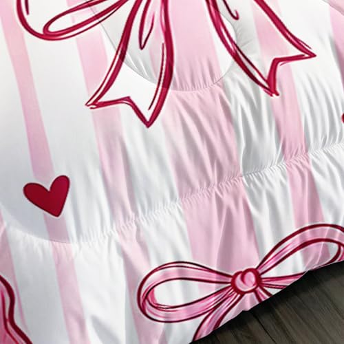 Image of AILONEN Pink Bow Comforter Twin 3 Piece Set Coquette Aesthetic Bedding Cute Ribbon Stripe Quilted Blanket Girls Dorm Decor Kawaii Soft Microfiber Duvet Alternative 2 Pillowcases