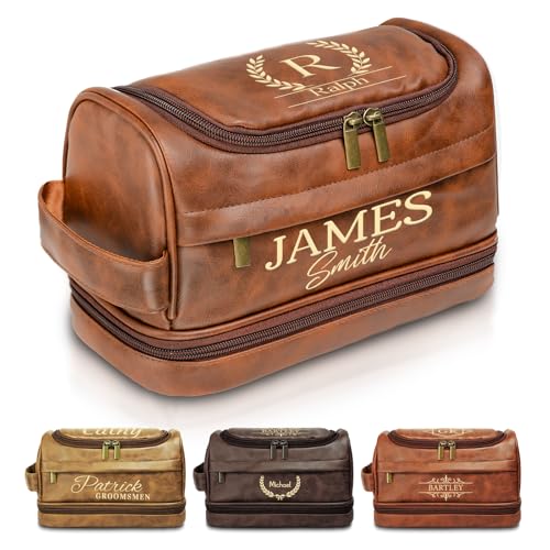 Personalized Toiletry Bag for Men, Custom Leather Travel Cosmetic Shave