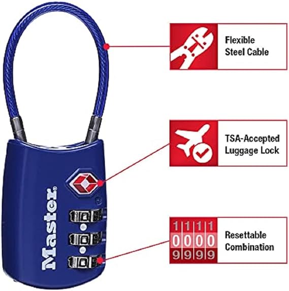 Master Lock Padlock, Set Your Own Combination TSA Locks for Luggage, Travel Zipper Lock with Cable Shackle is 1-3/16 in. Wide, Colors May Vary, 4688T, 2 Count (Pack of 1)
