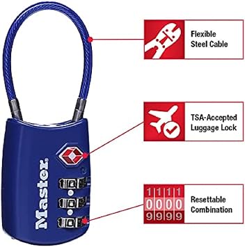 Master Lock Padlock, Set Your Own Combination TSA Locks for Luggage, Travel Zipper Lock with Cable Shackle is 1-3/16 in. Wide, Colors May Vary, 4688T, 2 Count (Pack of 1)