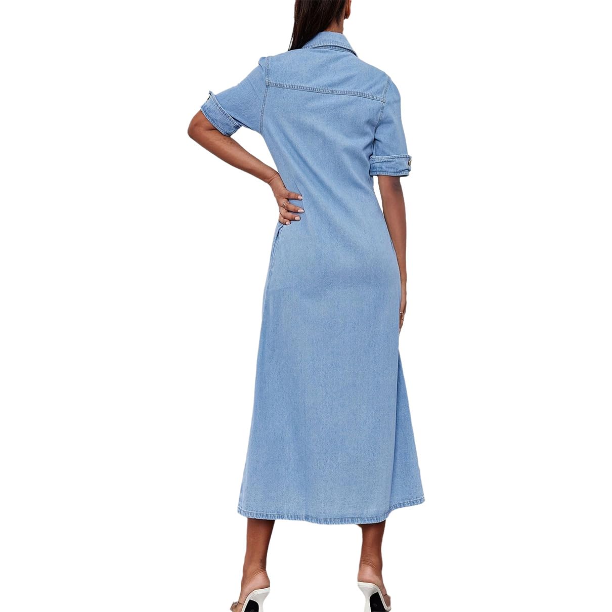 Lässiges, langes Jeanskleid für Damen, kurzärmelig, Knopfleiste vorne, A-Linie, Jeanskleid