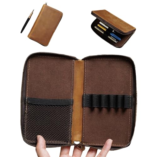 Image of Genuine Leather 5-Slot Pencil Case, Portable Travel Pen Organizer | Versatile organizer for art supplies, office essentials, makeup brushes, suitable for men, women, students, artists.brown